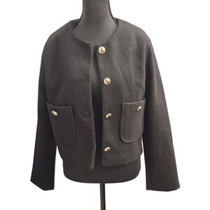 Womens Black Cropped Jacket Round Neck Gold Button Pockets Size Small